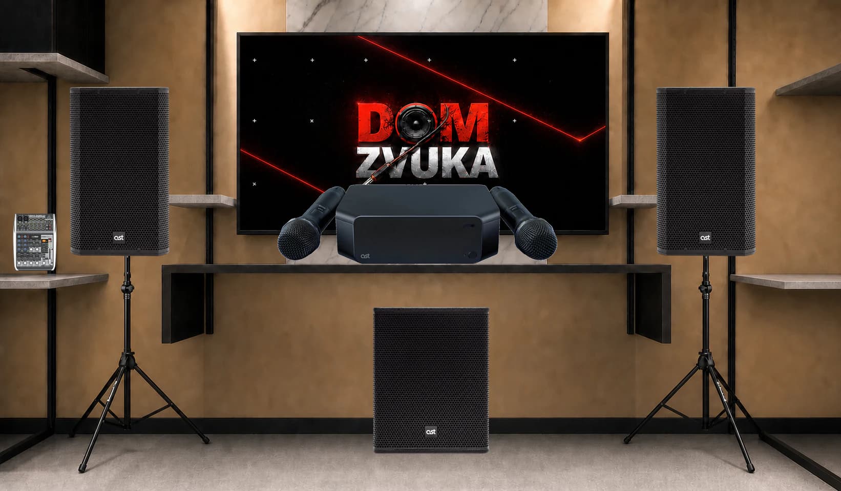Караоке-комплект AST Zoom2 + AST AST-310A ×2 + AST AST-712SA + Behringer XENYX QX1002USB