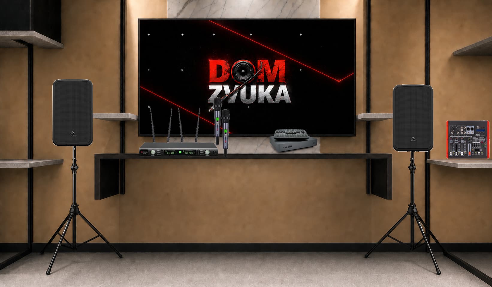 Караоке-комплект EVOBOX Premium + Volta US-102 (572–611.8 MHz) + CE500D ×2 + ZTX Audio Mix 2.1.F