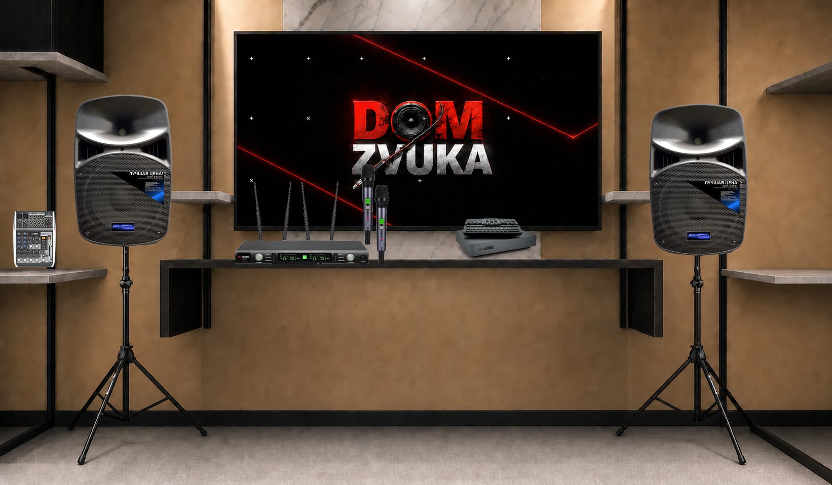 Караоке-комплект Studio Evolution EVOBOX Premium + Volta Volta US-102 (572–611.8 MHz) + AURA AURA B8X-BT ×2 + Behringer Behringer XENYX QX1002USB