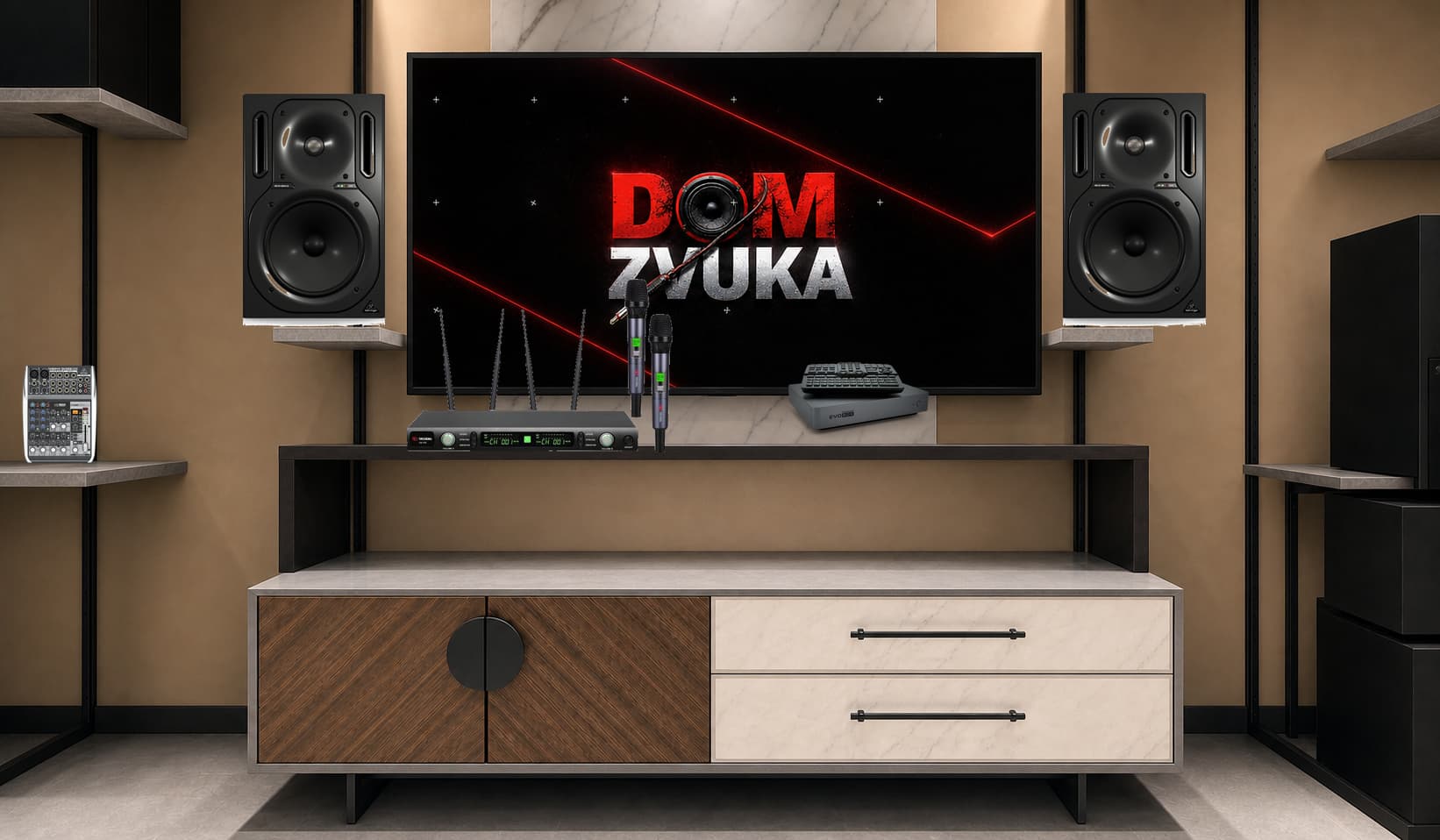 Караоке-комплект Studio Evolution EVOBOX Premium + Volta Volta US-102 (572–611.8 MHz) + Behringer TRUTH B2031A ×2 + Behringer Behringer XENYX QX1002USB