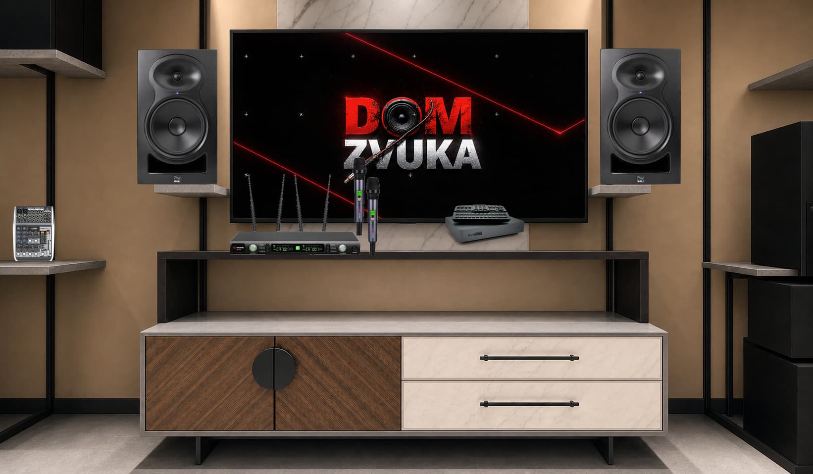 Караоке-комплект Studio Evolution EVOBOX Premium + Volta Volta US-102 (572–611.8 MHz) + Kali Audio LP-8 (V2) ×2 + Behringer Behringer XENYX QX1002USB