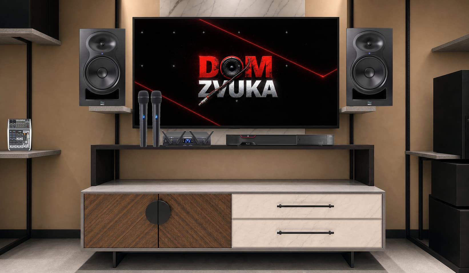 Караоке-комплект AST AST-250 + Audio-Technica Audio-Technica ATW-1322 System 10 PRO + Kali Audio LP-8 (V2) ×2 + Behringer Behringer XENYX QX1002USB
