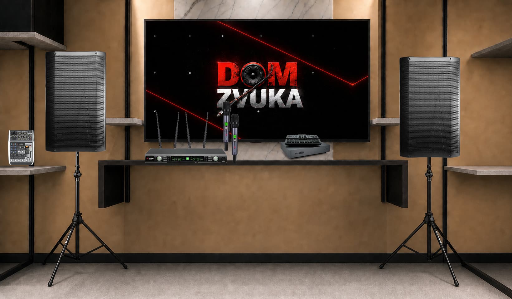 Караоке-комплект Studio Evolution EVOBOX Premium + Volta Volta US-102 (572–611.8 MHz) + Урал x ARIS J.V. Имбирь 315-А ×2 + Behringer Behringer XENYX QX1002USB