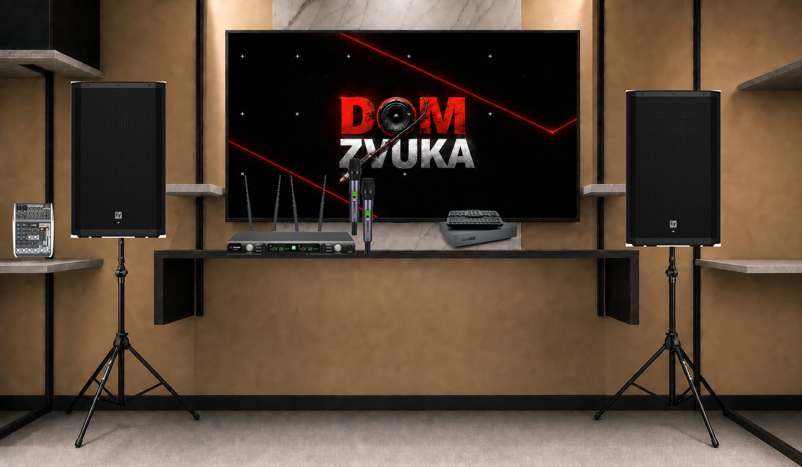 Караоке-комплект Studio Evolution EVOBOX Premium + Volta Volta US-102 (572–611.8 MHz) + Electro-Voice ZLX-15P ×2 + Behringer Behringer XENYX QX1002USB