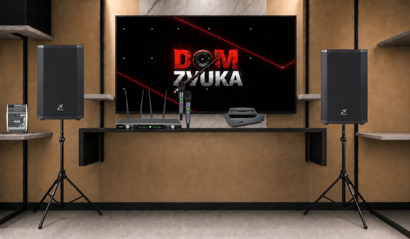 Караоке-комплект Studio Evolution EVOBOX Premium + Volta Volta US-102 (572–611.8 MHz) + Studiomaster Vortex 10A ×2 + Behringer Behringer XENYX QX1002USB