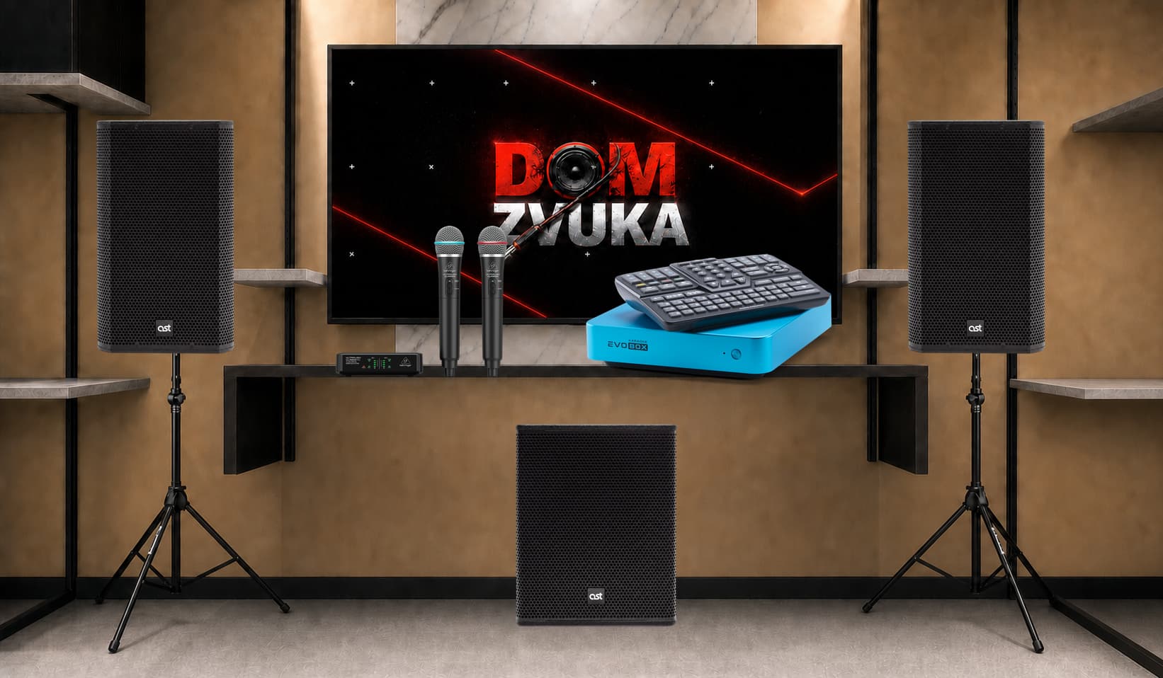 Караоке-комплект Studio Evolution EVOBOX + Behringer Behringer ULM302MIC + AST AST AST-310A ×2 + AST AST AST-712SA