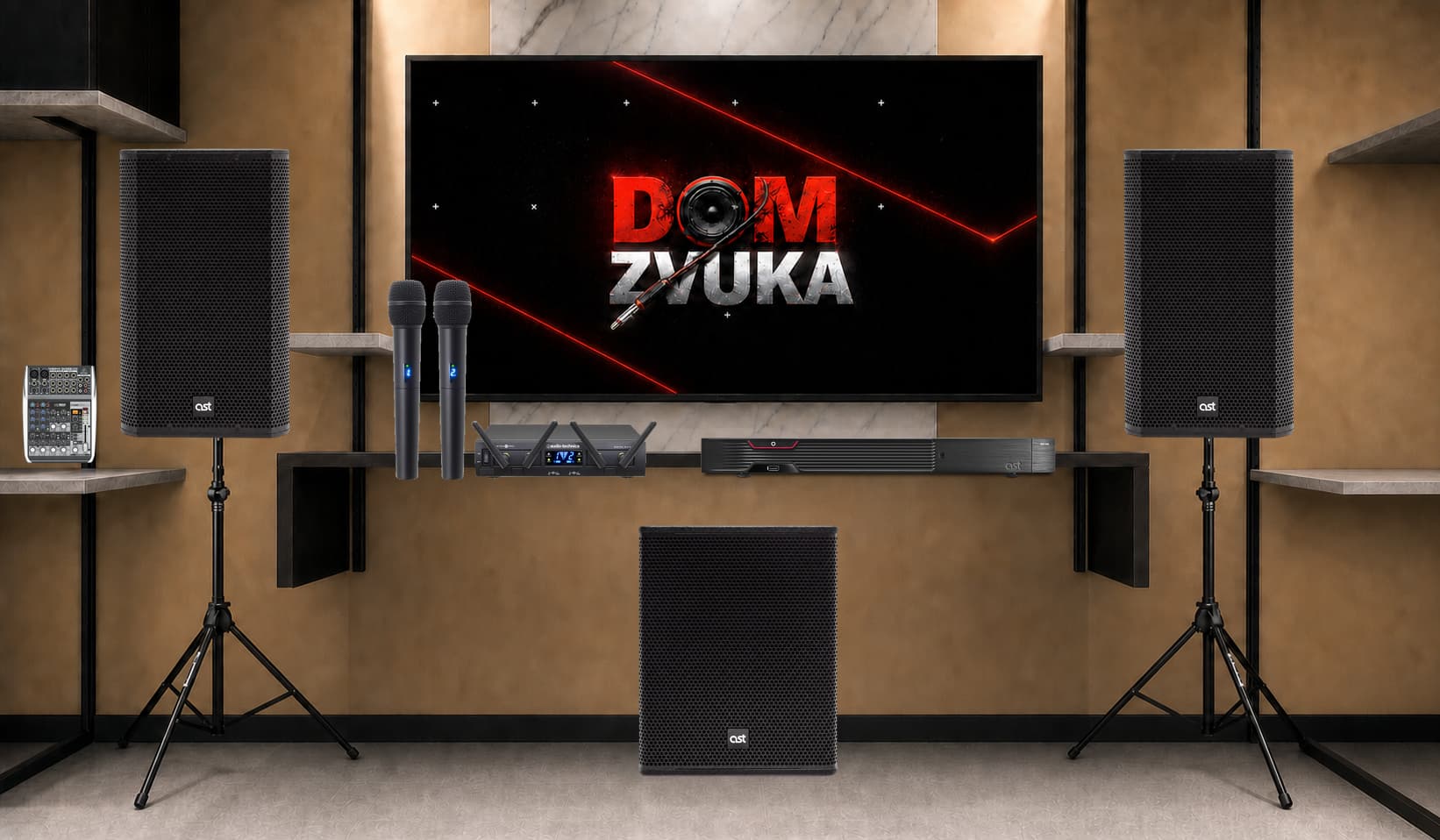 Караоке-комплект AST AST-250 + Audio-Technica Audio-Technica ATW-1322 System 10 PRO + AST AST AST-310A ×2 + AST AST AST-712SA + Behringer Behringer XENYX QX1002USB