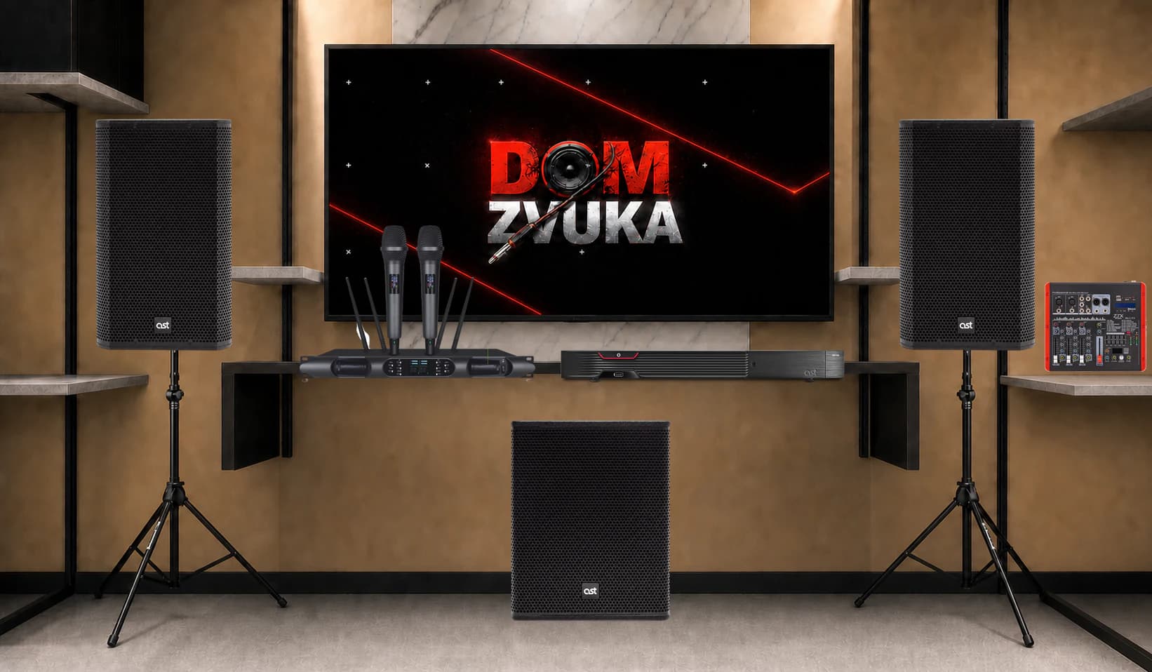 Караоке-комплект AST-250 + AST AST-310A ×2 + AST AST-712SA + Sweden Sound SS-280A + ZTX Audio Mix 2.1.F