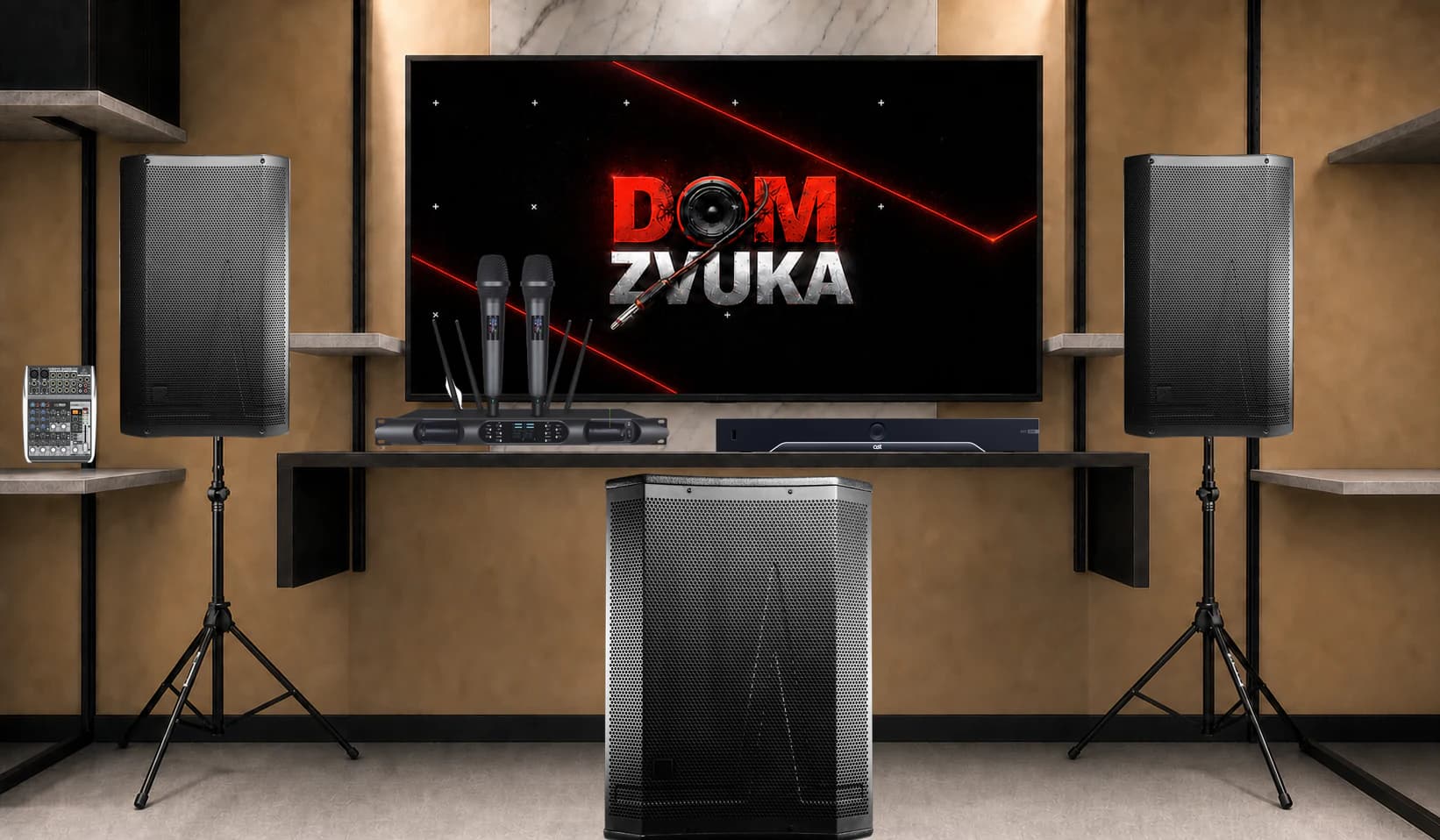 Караоке-комплект AST-350 + Имбирь 315-А ×2 + Имбирь Саб 318-А + Sweden Sound SS-280A + Behringer XENYX QX1002USB