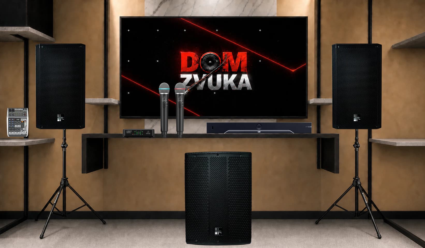 Караоке-комплект SS-R10A ×2 + Behringer ULM302MIC + AST-350 + Behringer XENYX QX1002USB + SS-DA15S