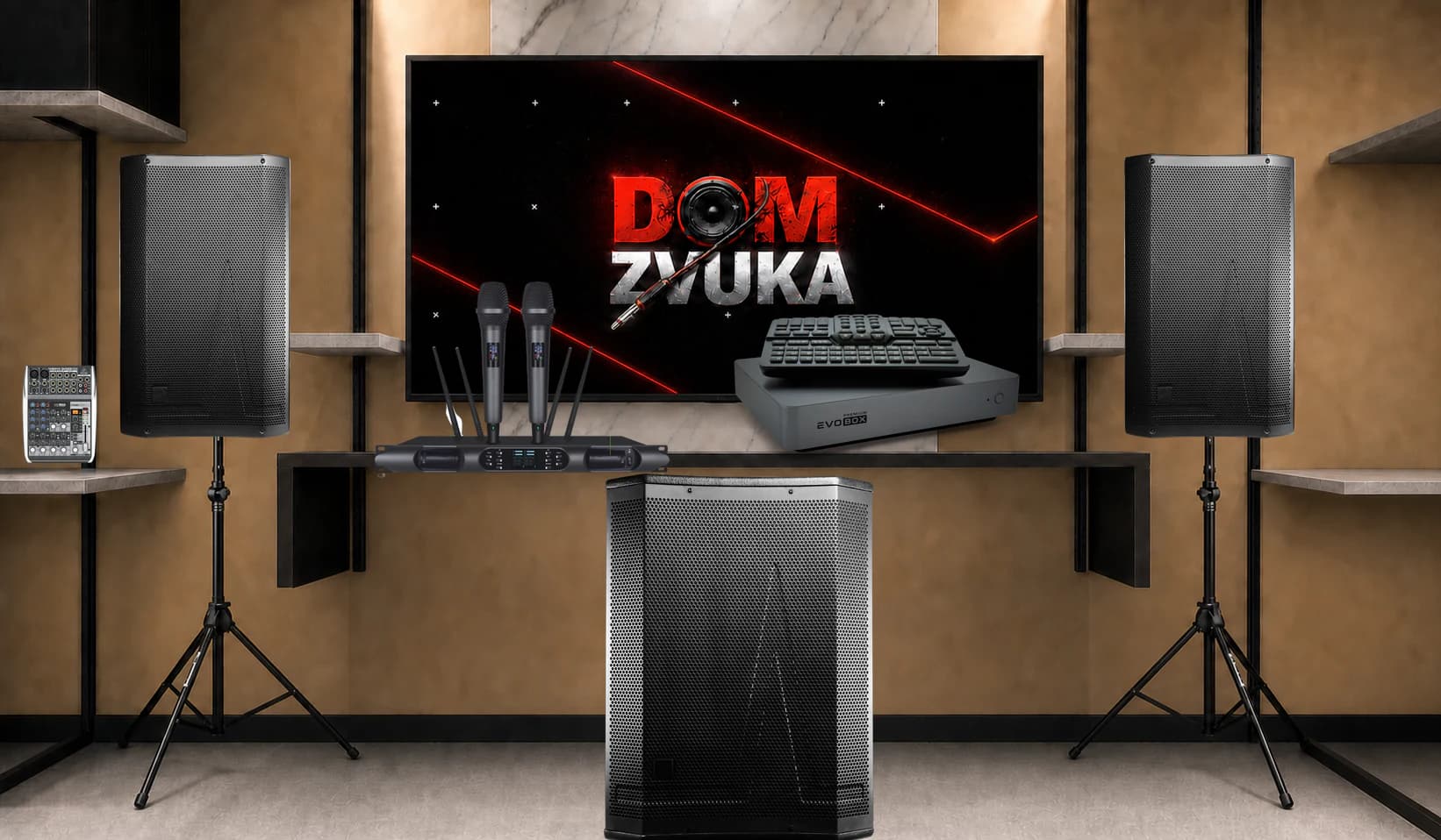 Караоке-комплект EVOBOX Premium + Имбирь 315-А ×2 + Имбирь Саб 318-А + Sweden Sound SS-280A + Behringer XENYX QX1002USB