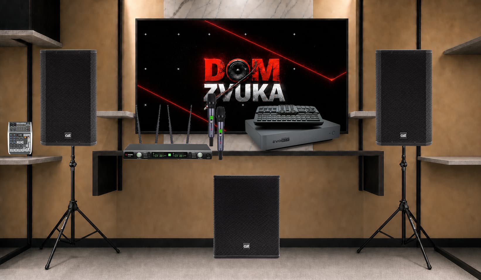 Караоке-комплект Studio Evolution EVOBOX Premium + Volta Volta US-102 (572–611.8 MHz) + AST AST AST-310A ×2 + AST AST AST-712SA + Behringer Behringer XENYX QX1002USB