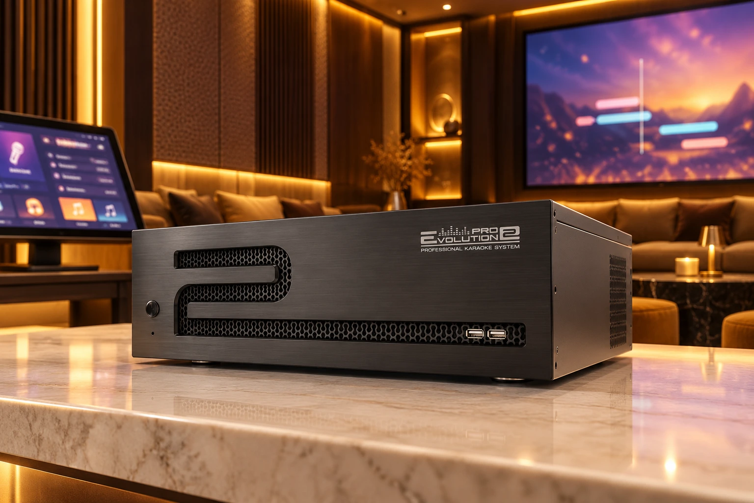Evolution Pro2 в клубе с отдельными экранами ведущего и гостей — рекламная визуализация; экраны и интерьер не входят