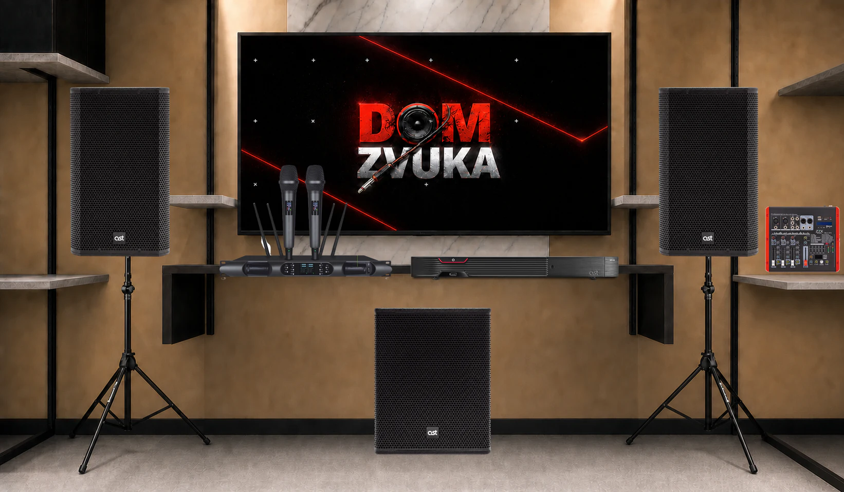 AST-250 + AST AST-310A ×2 + AST AST-712SA + Sweden Sound SS-280A + ZTX Audio Mix 2.1.F