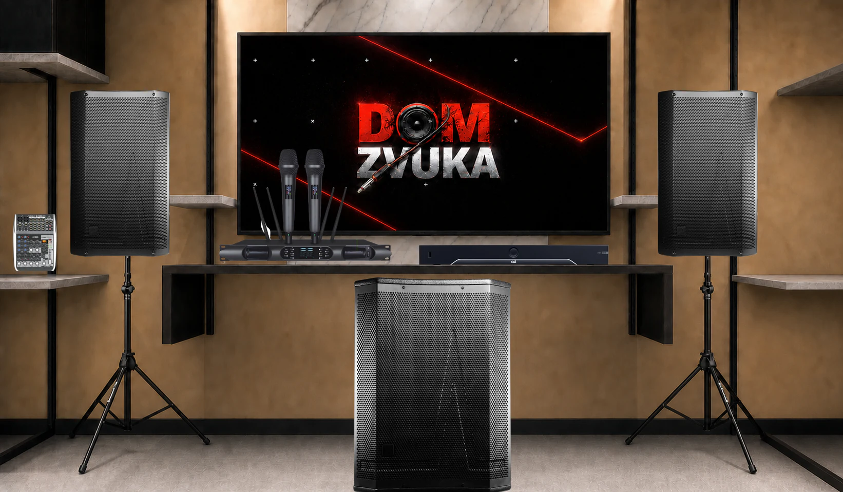 AST-350 + Имбирь 315-А ×2 + Имбирь Саб 318-А + Sweden Sound SS-280A + Behringer XENYX QX1002USB