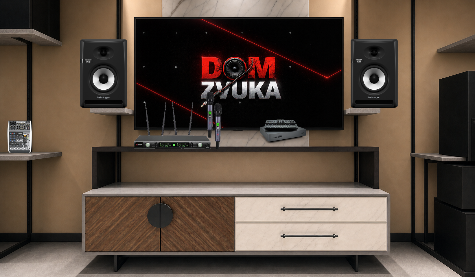 EVOBOX Premium + Volta US-102 (572–611.8 MHz) + NEKKST K5 ×2 + Behringer XENYX QX1002USB