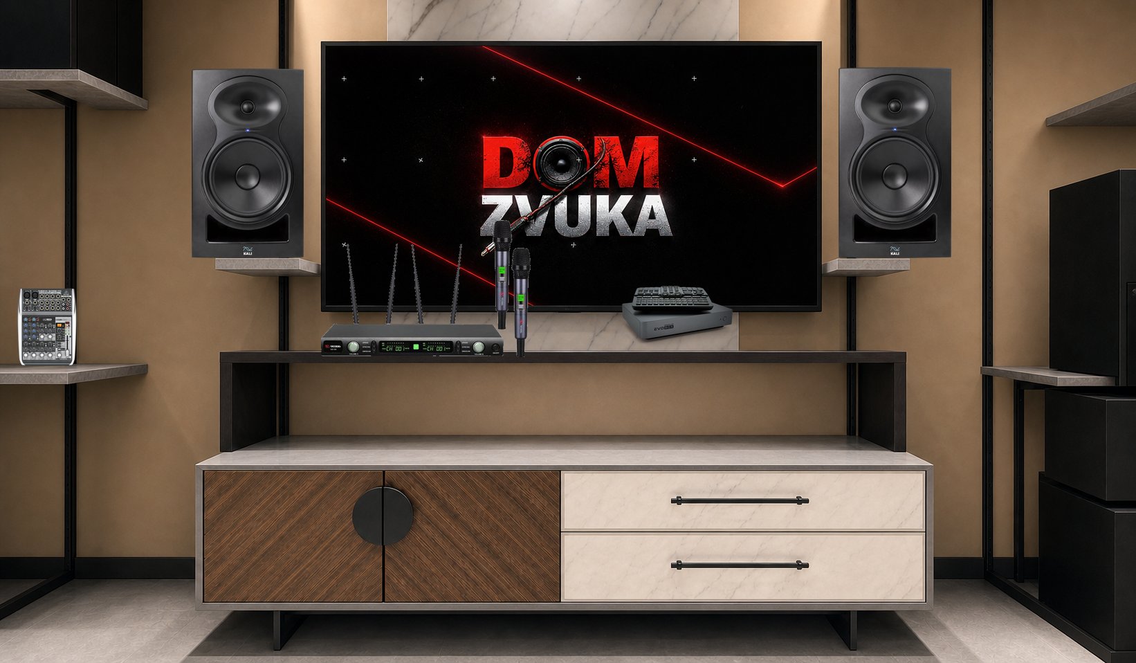 Studio Evolution EVOBOX Premium + Volta Volta US-102 (572–611.8 MHz) + Kali Audio LP-8 (V2) ×2 + Behringer Behringer XENYX QX1002USB