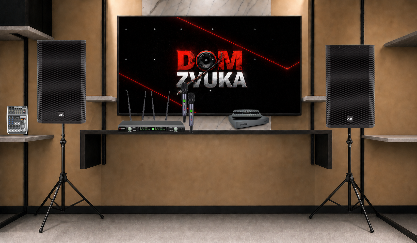 Studio Evolution EVOBOX Premium + Volta Volta US-102 (572–611.8 MHz) + AST AST AST-310A ×2 + Behringer Behringer XENYX QX1002USB